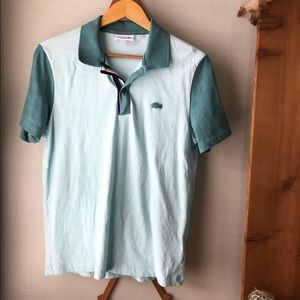 Blue Lacoste Shirt with Rainbow Collar.
